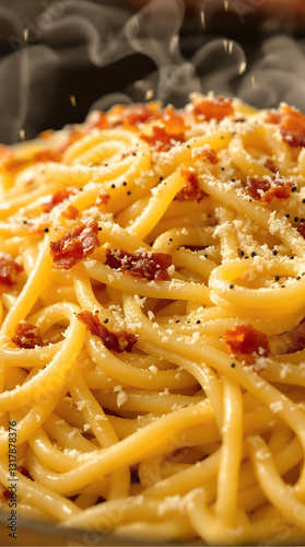 A close-up of creamy spaghetti carbonara with crispy bacon, grated cheese, and black pepper. generative ai