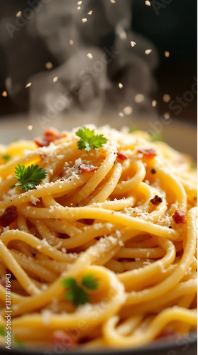 A close-up of creamy spaghetti carbonara with crispy bacon, grated cheese, and black pepper. generative ai