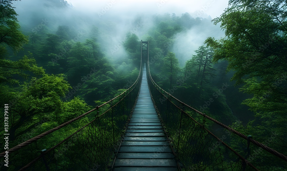 Fototapeta premium Suspension Bridge Through Lush Green Forest with Foggy Landscape