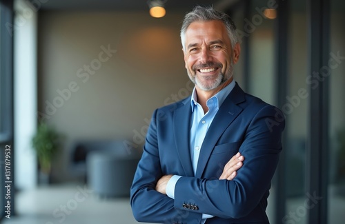 Confident smiling middle aged business man stands with arms crossed in office. Mature executive manager, proud lawyer, successful businessman leader wears blue suit.