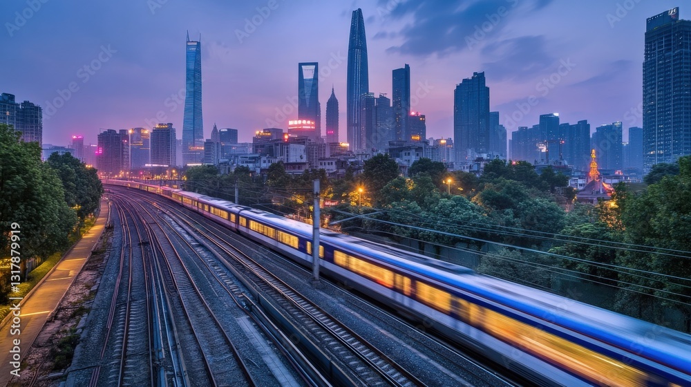 Fototapeta premium Urban skyline at dusk with train passing through cityscape and illuminated buildings