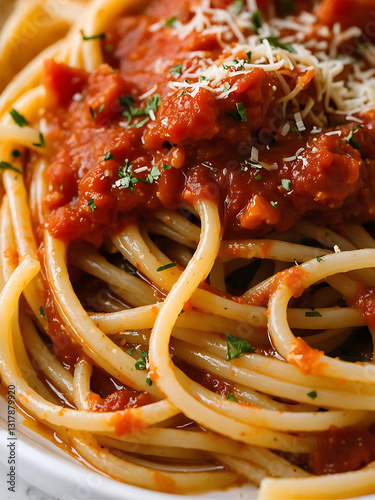 A close-up of  a  rich spaghetti marinara, glistening with seasoning, highlighting its vibrant red and golden textures. generative ai
