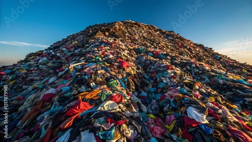 A massive textile waste mountain under a vibrant sunset sky reflects environmental pollution and irresponsible consumption