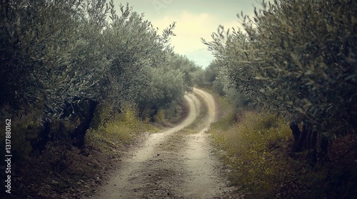 Olive tree grove with dirt path in the middle