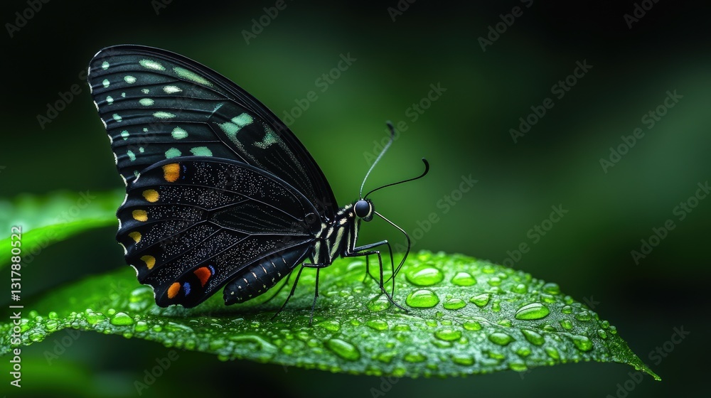Fototapeta premium Delicate black butterfly rests on dewy leaf in jungle