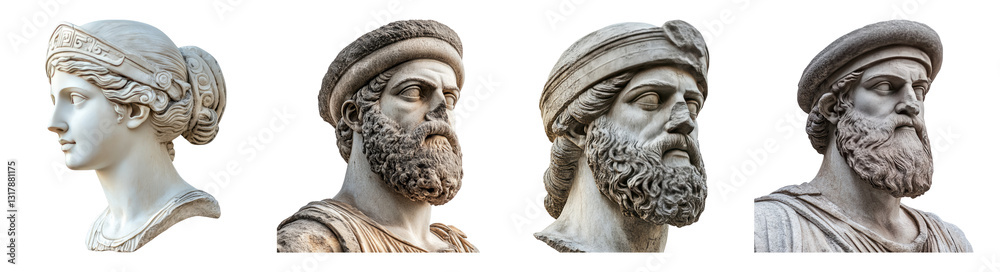 Obraz premium Classic Marble Busts of Ancient Historical Figures in Profile View, PNG bundle collection, Isolated on Transparent Background