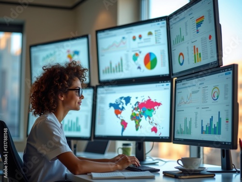 Científica de datos que analiza los conocimientos de los clientes sobre múltiples pantallas. Concepto de marketing y estrategias de mercado photo