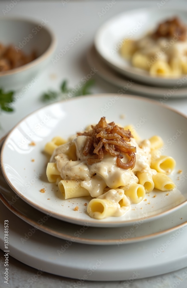 Rigatoni pasta with creamy white sauce with caramelized onion served on plate. Gourmet italian dish. Restaurant food. Comfort food. Cooked meal with herbs and pepper, delicious cuisine. Rigatoni pasta with creamy white sauce with caramelized onion served on plate. Gourmet italian dish. Restaurant food. Comfort food. Cooked meal with herbs and pepper, delicious cuisine.