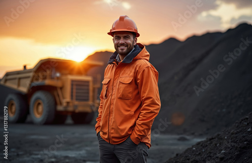 Portrait of smiling miner in orange workwear, safety helmet at open pit copper mine. Mining engineer, supervisor at construction site, industrial area. Heavy machinery, sunset, mountains background.