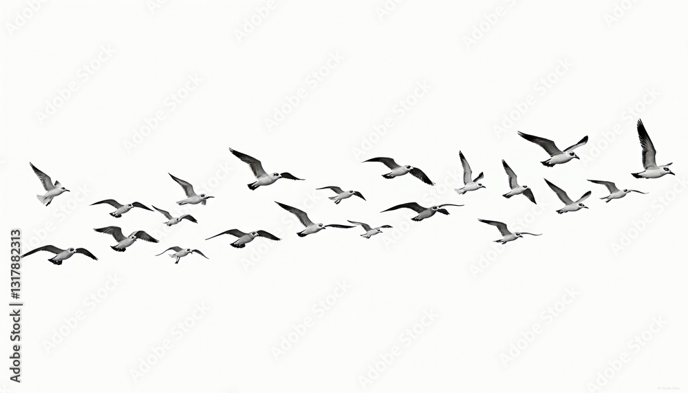 Flock of seagulls in flight isolated on white background. Seabirds soaring high in sky. Gulls with spread wings gliding. Wild animals, coastal wildlife concept. Freedom and migration theme. Flock of seagulls in flight isolated on white background. Seabirds soaring high in sky. Gulls with spread wings gliding. Wild animals, coastal wildlife concept. Freedom and migration theme.