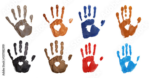 Colorful Handprints with Heart Shapes Representing Love and Care, PNG bundle collection, Isolated on Transparent Background