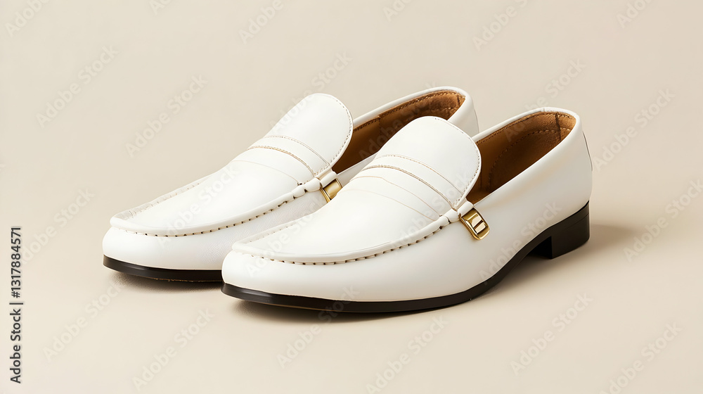 Naklejka premium Pair of Stylish White Leather Loafers with Gold Buckle Detail on Tan Background