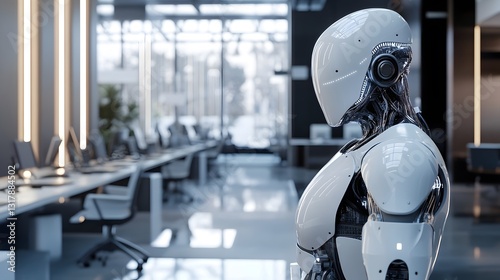 Future Work Assistant: A sleek, modern robot stands sentinel in a contemporary office, gazing towards a row of unoccupied workstations. This image embodies automation, technological advancement.