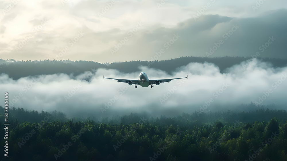 Fototapeta premium Airplane Taking Off Over Lush Green Forest and Misty Mountains at Dawn with Cloudy Sky