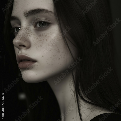 Dramatic Portrait of a Young Woman with Freckles and Dark Hair in Low Light