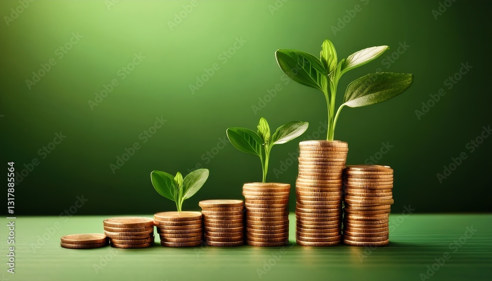 Stacks of coins with green plants symbolize financial growth and investment. Stacks of coins with green plants symbolize financial growth and investment.