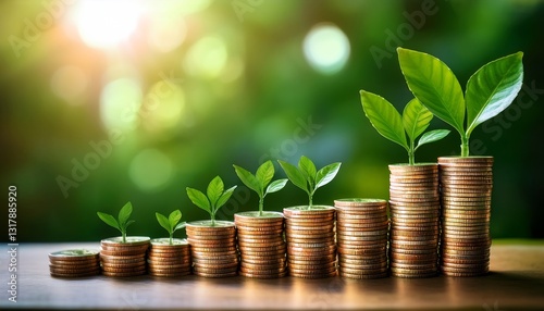 Stacks of coins with green plants symbolize financial growth and investment.