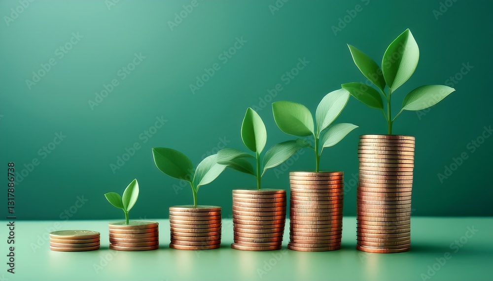 Stacks of coins with green plants symbolize financial growth and investment. Stacks of coins with green plants symbolize financial growth and investment.