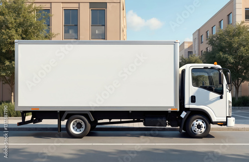 Cargo truck mockup with blank bodywork for poster placement stands on city street. Vehicle ideal for advertisement, commercial, business marketing concept. Empty freight trailer offers space for