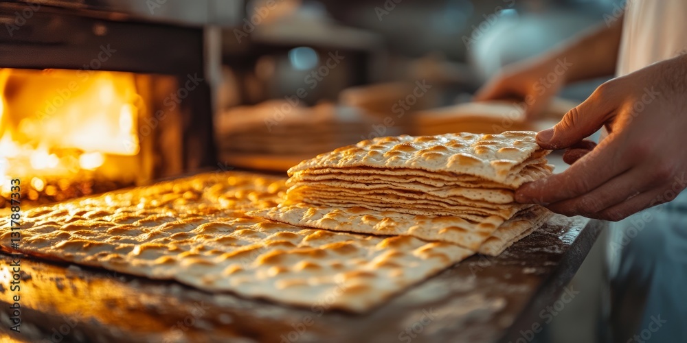 Obraz premium Baker making matzah for passover in front of wood fired oven