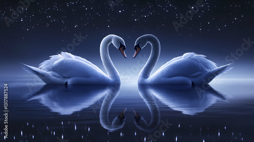 Fototapeta Naklejka Na Ścianę i Meble -  Two elegant swans face each other on a serene lake under a starlit night sky, their reflections shimmering on the calm water. Starlit Reflections. Illustration