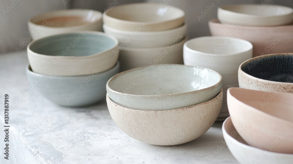 A collection of bowls in various colors and sizes, arranged on a white surface. A collection of bowls in various colors and sizes, arranged on a white surface.