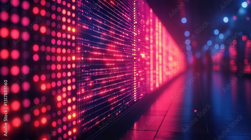 Vibrant LED Wall Display Illuminating a Modern Urban Corridor with People in Motion