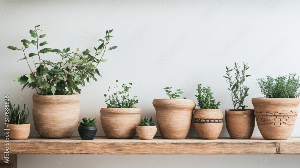 A collection of potted plants in various sizes and styles arranged on a wooden shelf against a white wall. A collection of potted plants in various sizes and styles arranged on a wooden shelf against a white wall.