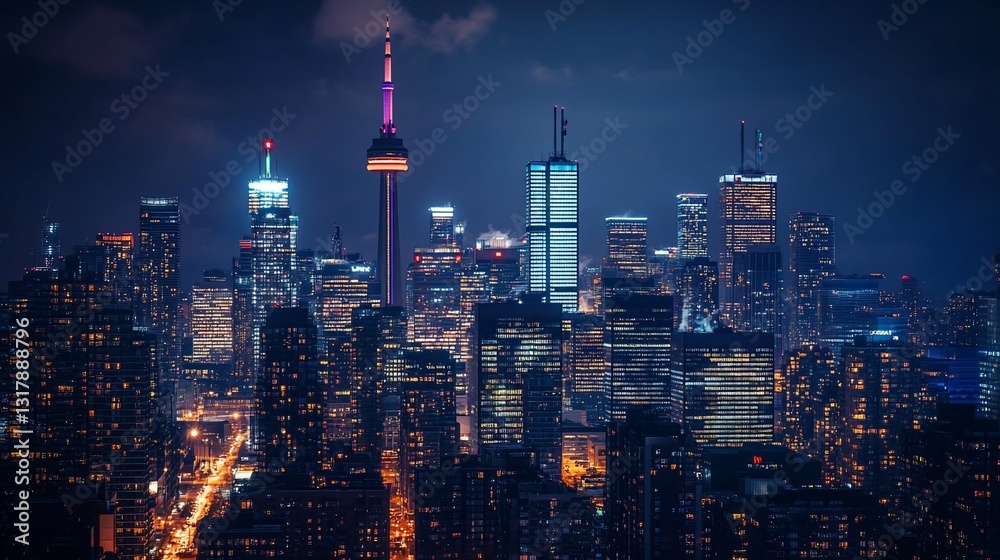 Fototapeta premium Nighttime Panorama of Toronto Skyline Illuminated Cityscape at Night