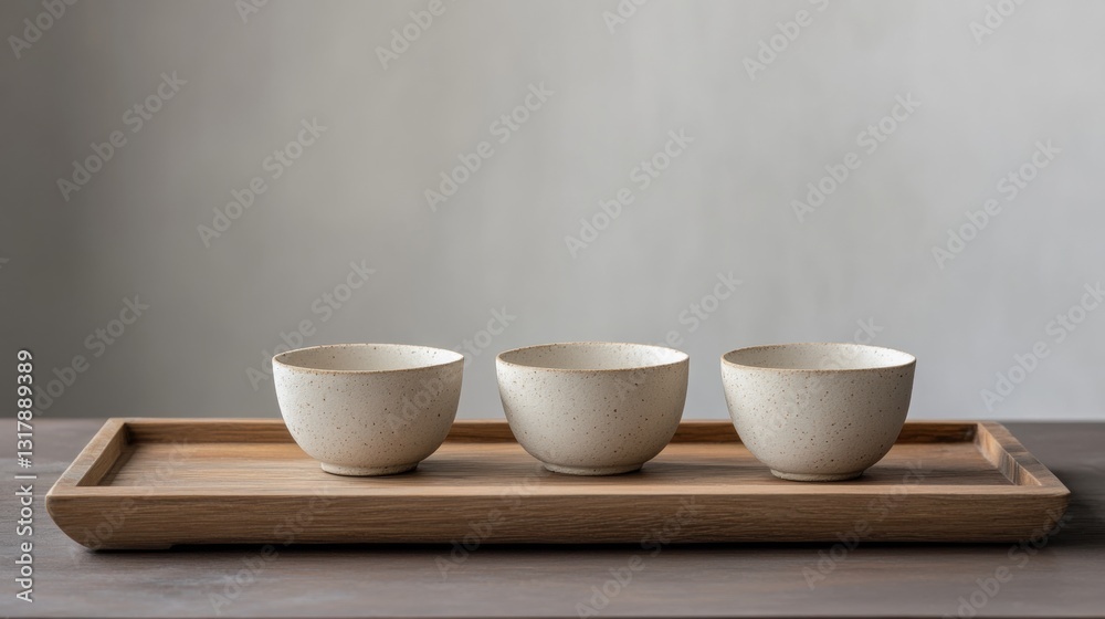 Three white ceramic cups with brown speckles sit on a wooden tray. Three white ceramic cups with brown speckles sit on a wooden tray.