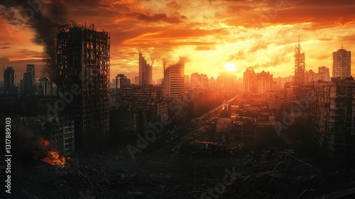 Obraz na płótnie Post Apocalyptic Cityscape at Sunset: A Desolate Urban Landscape after Catastrophe w salonie