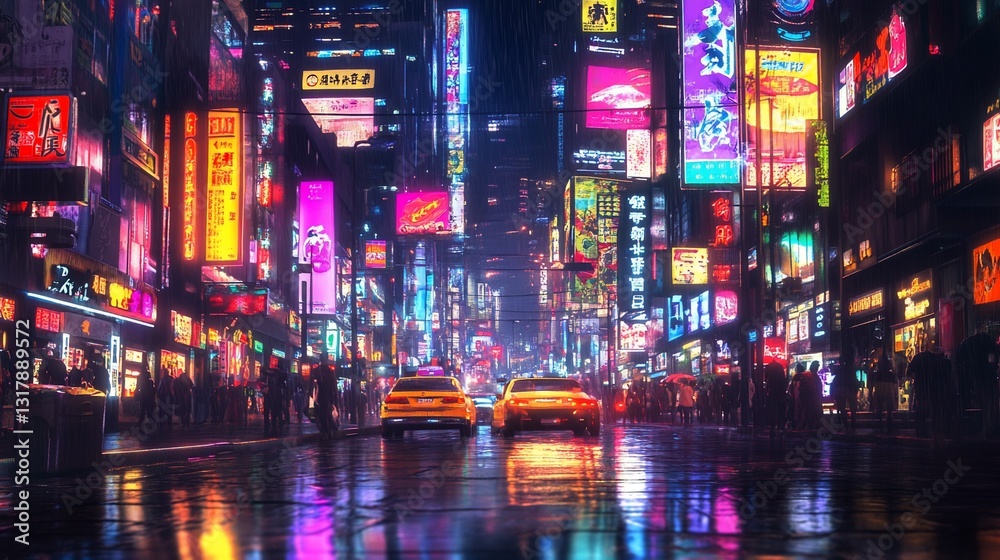 Vibrant Neon Cityscape at Night: A Rainy Metropolis Street Scene with Bright Lights and Reflections