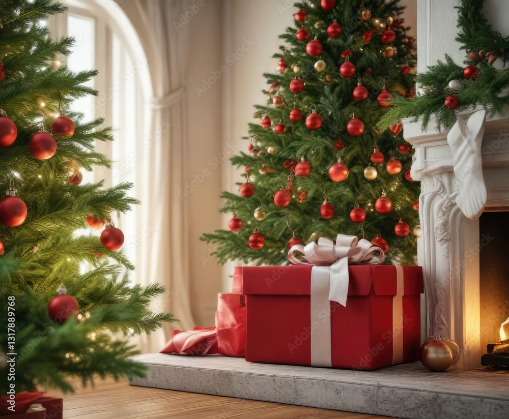 A brightly colored red gift box sits on a beautifully decorated mantel against the backdrop of a lush evergreen Christmas tree, presents, festive colors A brightly colored red gift box sits on a beautifully decorated mantel against the backdrop of a lush evergreen Christmas tree, presents, festive colors