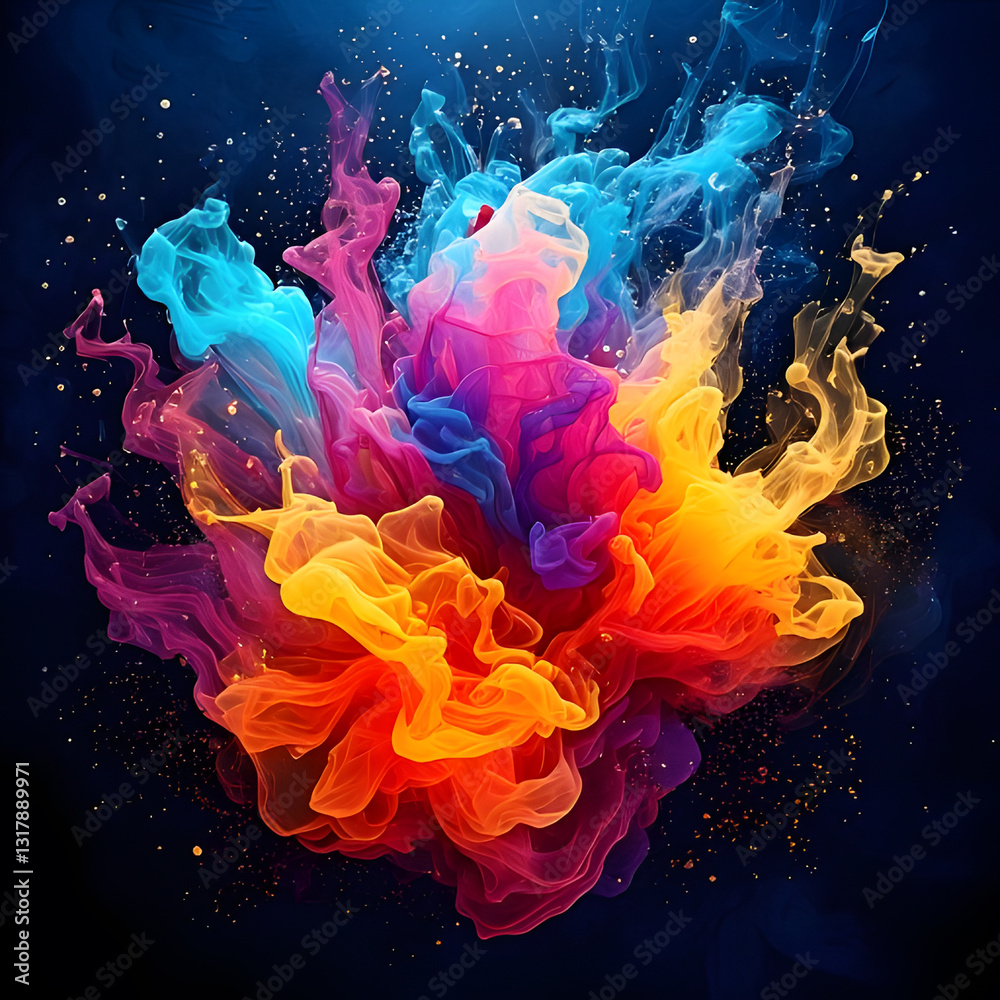 Obraz premium An explosion of multicolored smoke-like forms against a dark background, creating a vibrant and dynamic abstract composition
