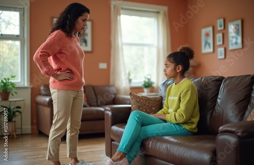 Mom trying talk with difficult teen daughter at home about bad behavior. Mother scolds girl sitting on sofa in living room. Conversation between generations on family issues, parent unhappy with