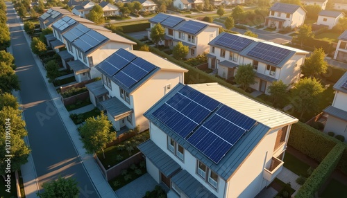 Aerial view shows houses row with rooftop solar panels in suburb. Clean energy, renewable source. Sustainable photovoltaic system converts sunlight to electricity. Eco neighborhood with modern