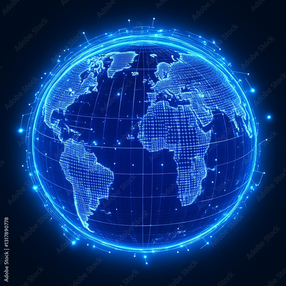 Naklejka premium Global network data sphere glowing, digital map, dark background, tech concept