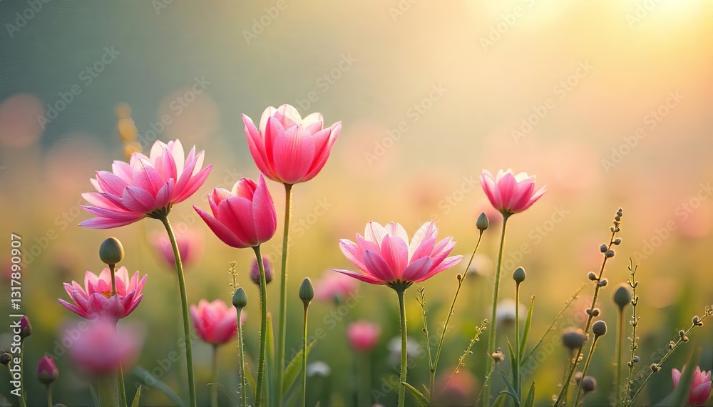 Pink Flowers in a field illuminated with golden sunlight Pink Flowers in a field illuminated with golden sunlight