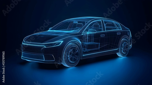 Digital Blue Car Outline With Glowing Lights Illustrating Modern Automotive Technology