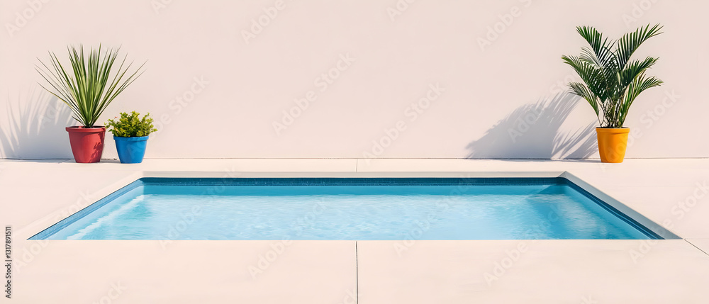 Fototapeta premium Bright Minimalist Swimming Pool With Two Potted Plants In Front Of White Wall During Daytime Suitable For Background Image