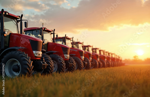 New red tractors lined in row on agricultural field at sunset. Heavy machinery vehicles for agronomy. Farming equipment trade, exhibition or sale at dealership. Modern industrial agro transport.