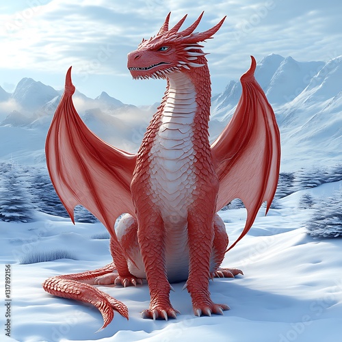 Red dragon sitting snowy mountains fantasy artwork