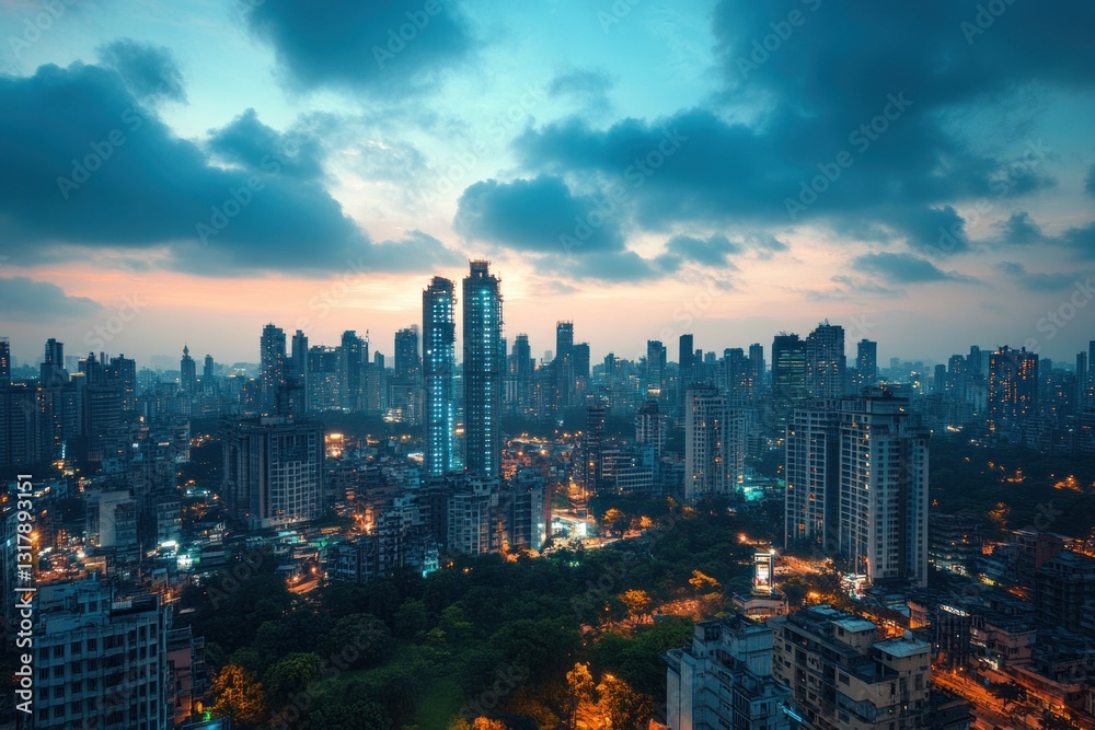 Fototapeta premium Stunning sunset cityscape view with skyscrapers and city lights.