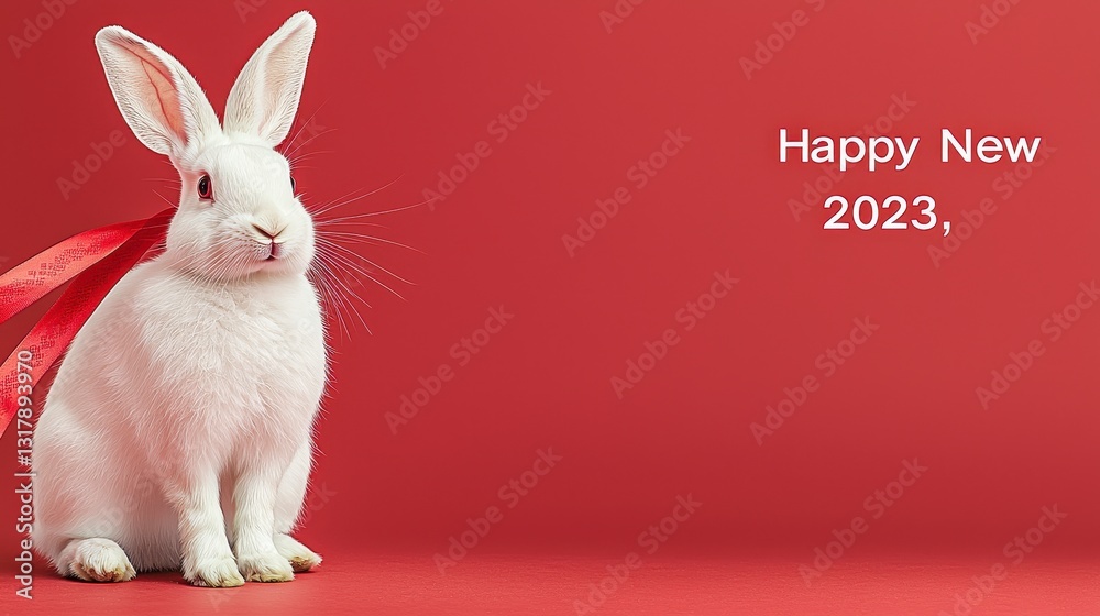 Obraz premium White Rabbit with Red Ribbon on Red Background Happy New Year 2023