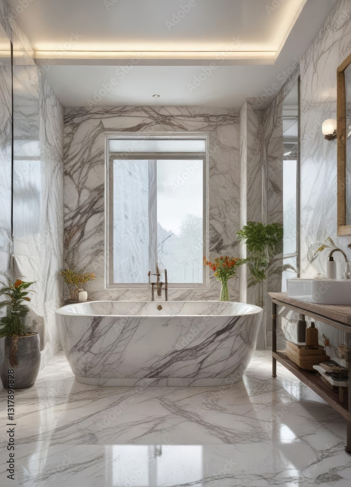 Fototapeta premium A marble tub and sink combo in a luxurious bathroom with a large glass mirror above, modern bathroom decor, marble vanity, beautiful bathroom