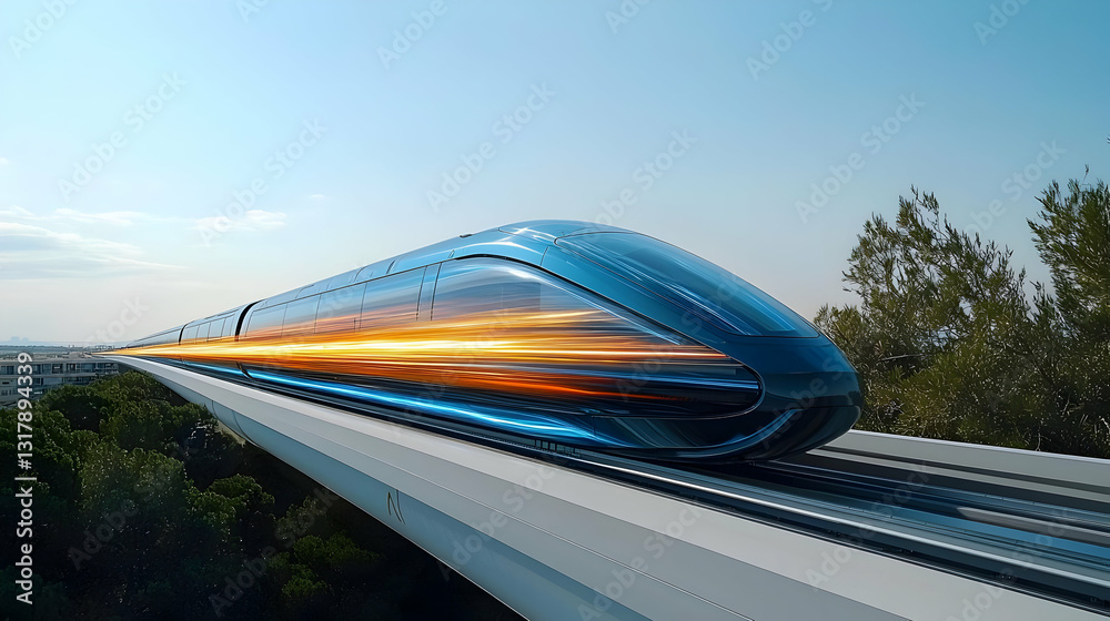 Obraz premium Futuristic High-Speed Train with Sunset Reflection in Blue and Orange Traveling on Elevated Track