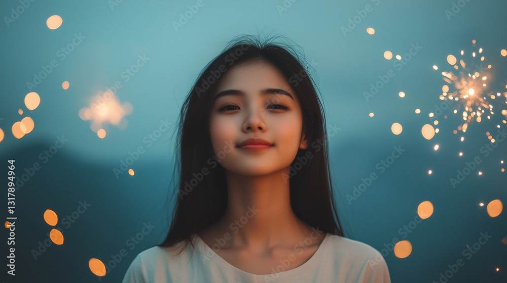Obraz premium serene young Asian woman smiles softly, surrounded by sparkling lights in dreamy atmosphere.