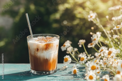 Iced coffee served in a vintage glass with daisies and a vibrant outdoor setting