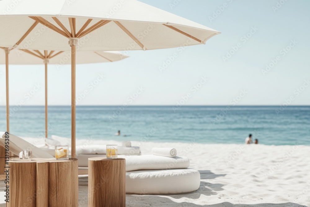 Obraz premium Perfectly aligned luxury beach with sun loungers and refreshing drinks under umbrellas