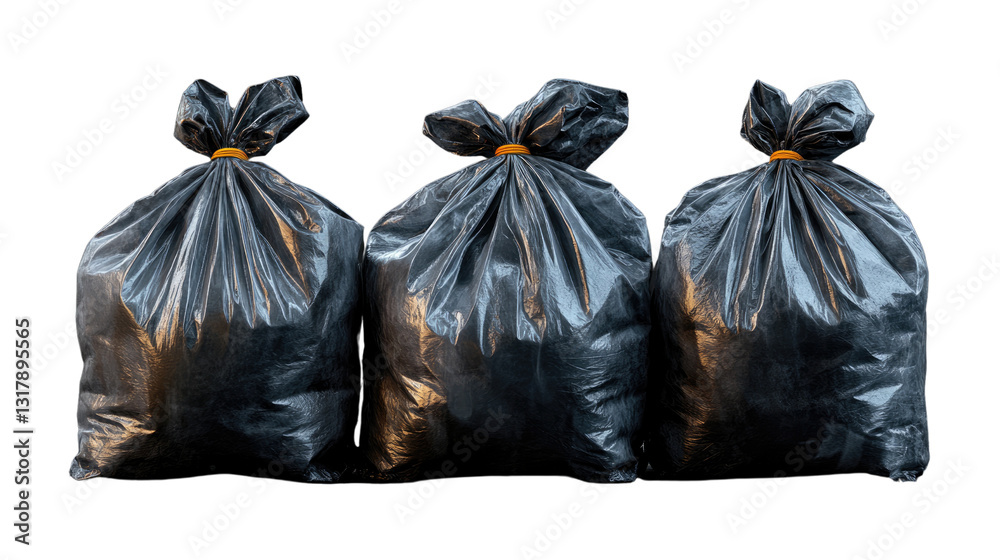Bags of refuse: Three tied up black plastic trash bags, neatly arranged, symbolizing waste disposal and environmental concerns. Bags of refuse: Three tied up black plastic trash bags, neatly arranged, symbolizing waste disposal and environmental concerns.